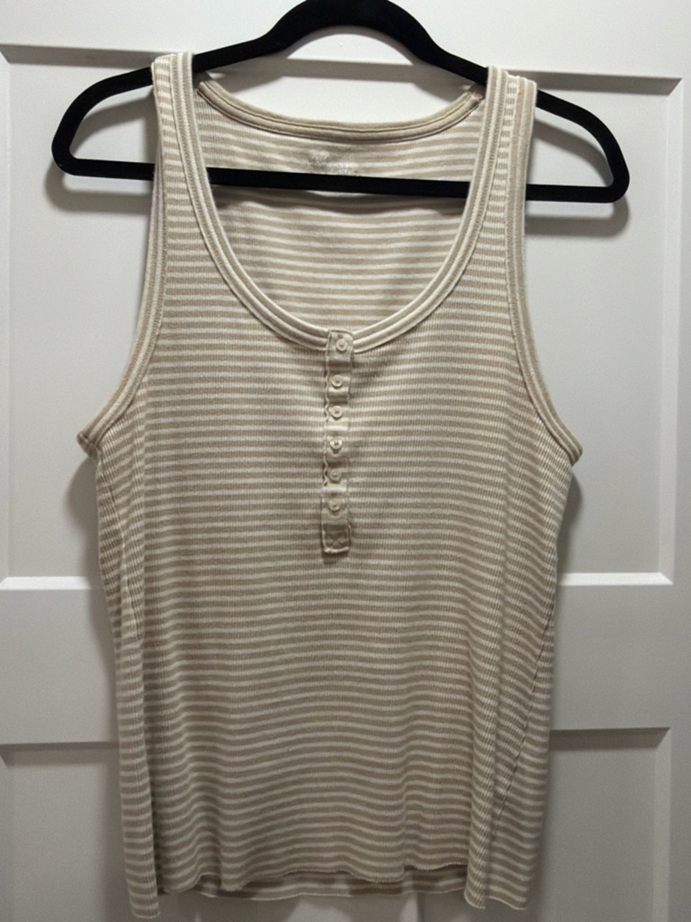aerie Cream and White Striped Ribbed Henley Tank